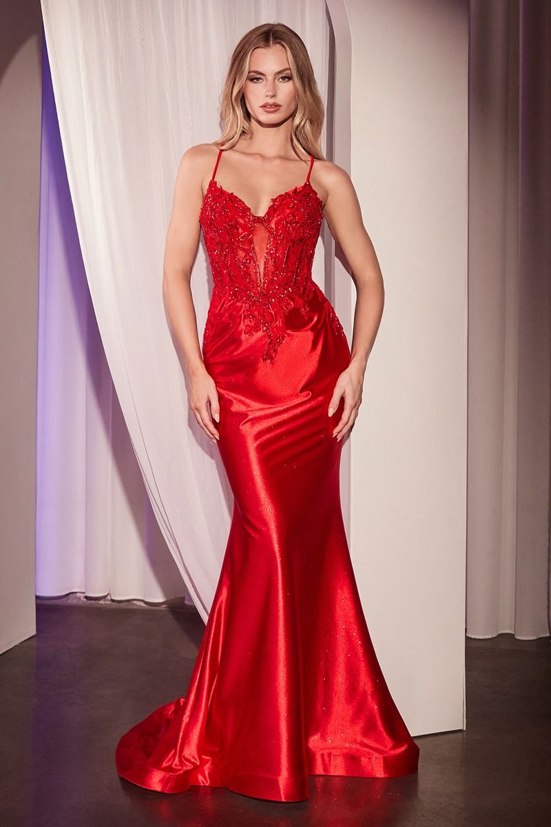 CC2401 Embellished Lace & Satin Fitted Gown Greenery / 0