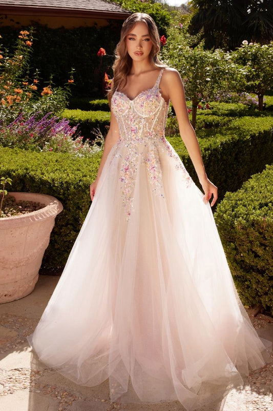 A1288
WHITE A-LINE DRESS WITH MULTI COLORED FLORAL EMBELLISHMENT