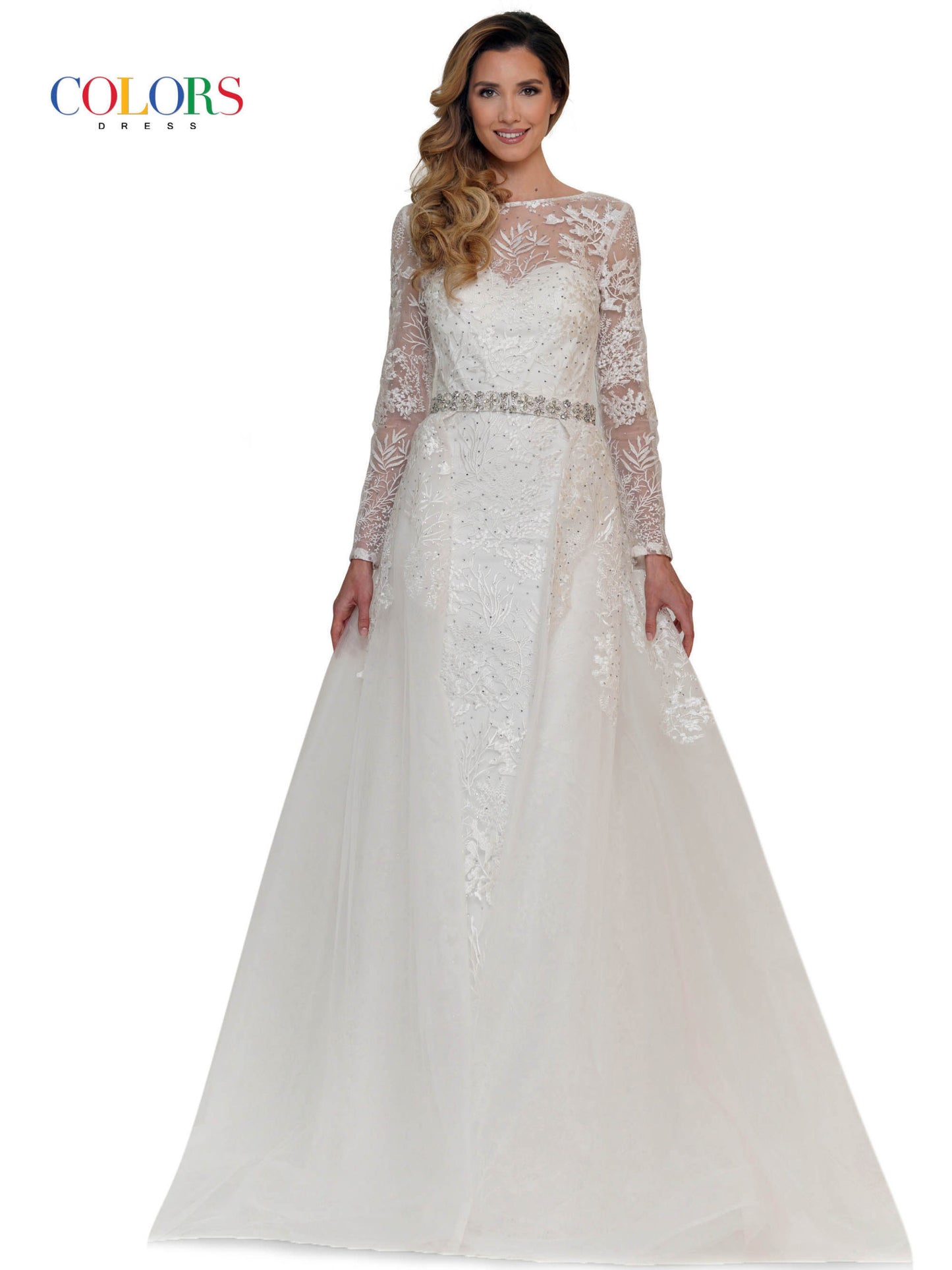 Colors Lace Sheath Long Sleeve Gown with Overskirt 1830SL