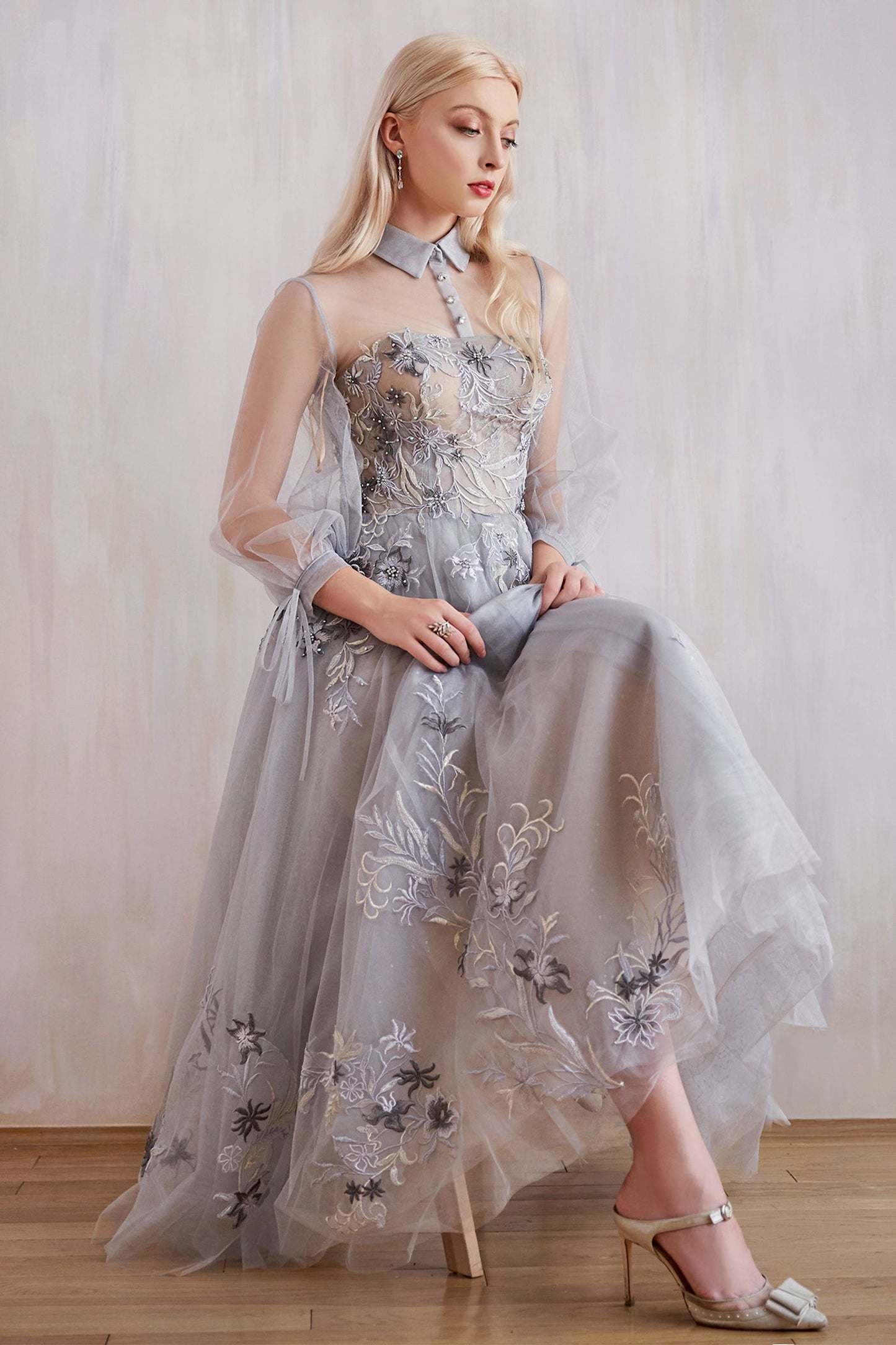 Andrea Leo - Duchesa High Collared Neck with Button Detailed Evening Dress Style #A0862