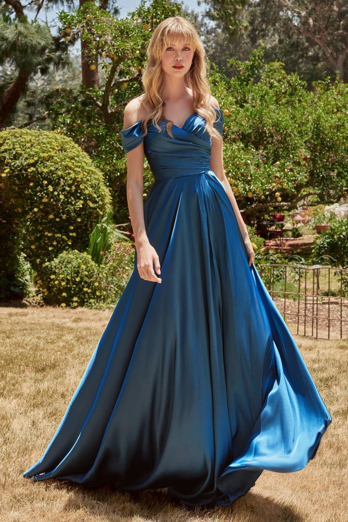 Cinderella Divine A- Line Satin Off The Shoulder Dress Style #7493