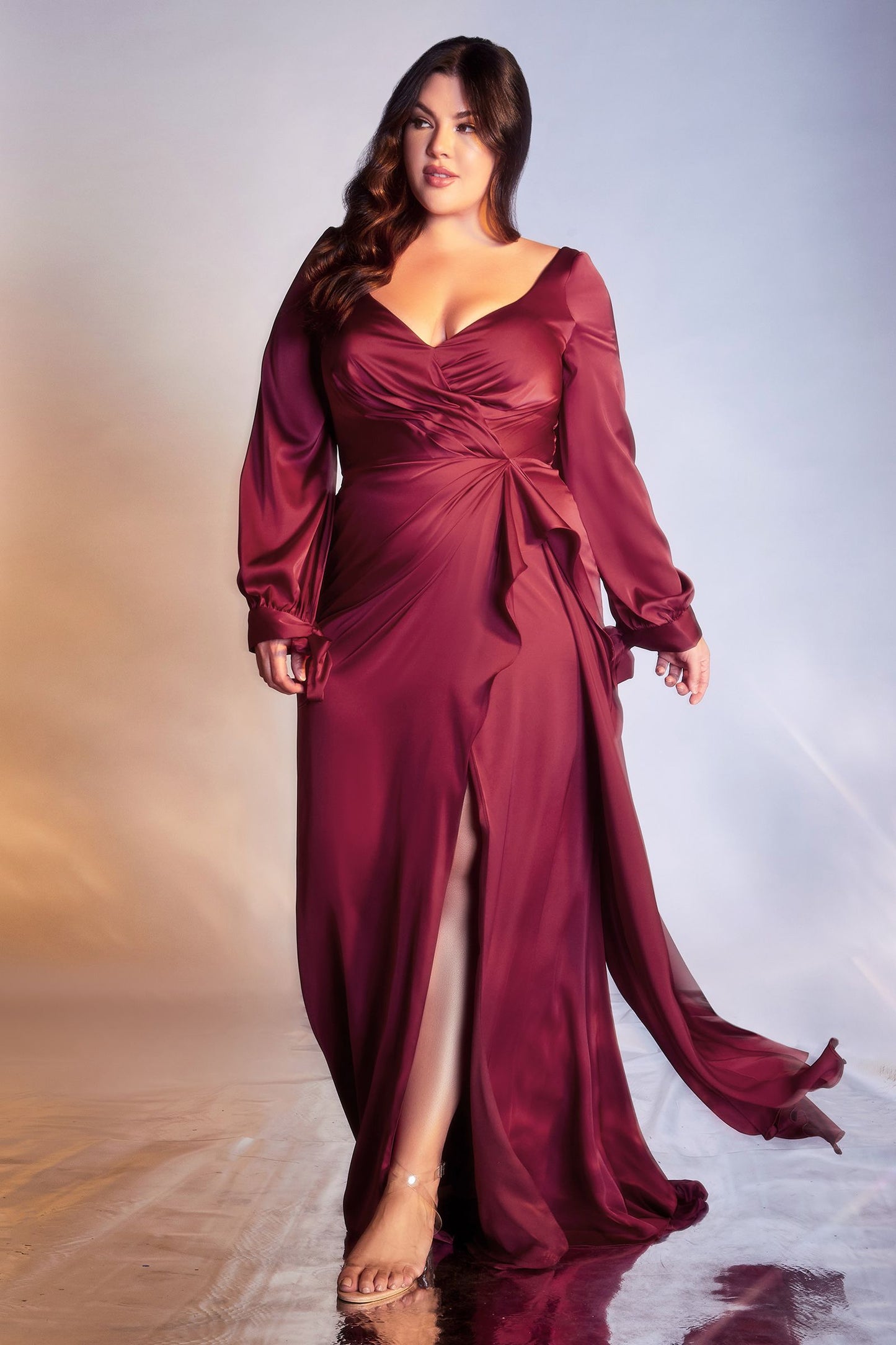 Cinderella Divine Satin Curve Fit Long Sleeve Dress Style #7478C