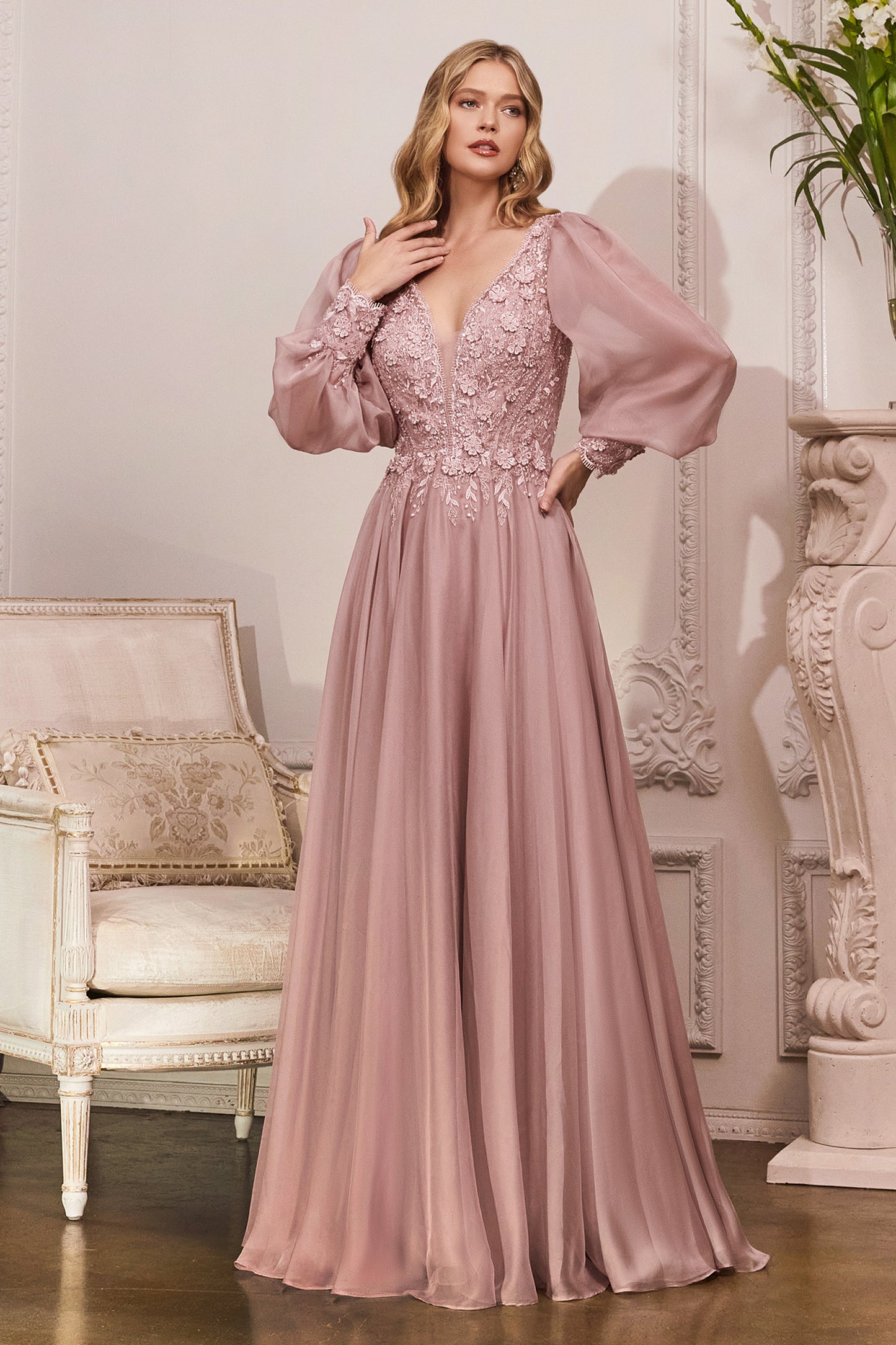 Cinderella Divine - Long Sleeve Chiffon Evening Gown CD0183