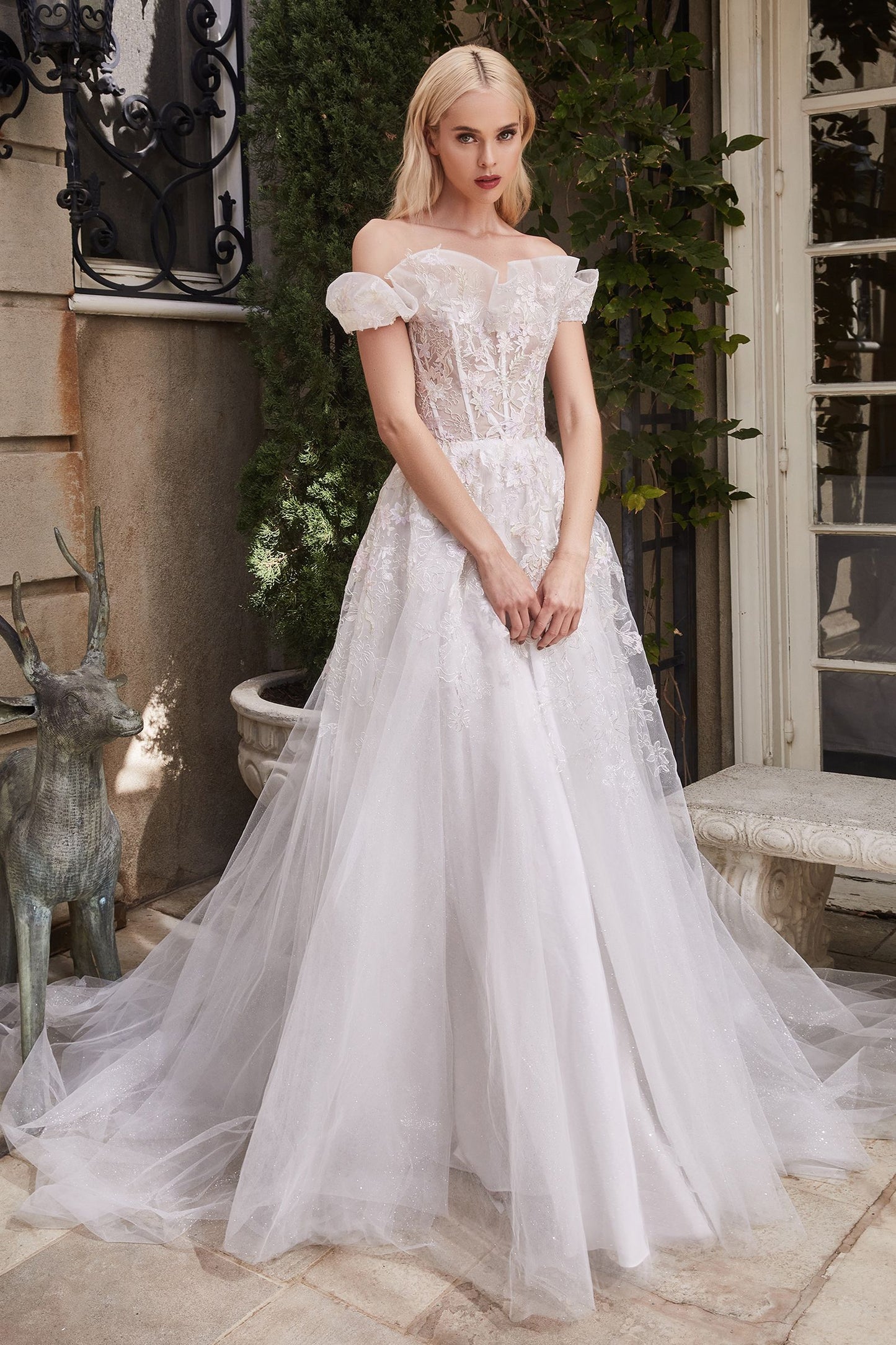 Andrea Leo - Elois White with Flower Detailed Garden Evening Dress Style #A1090