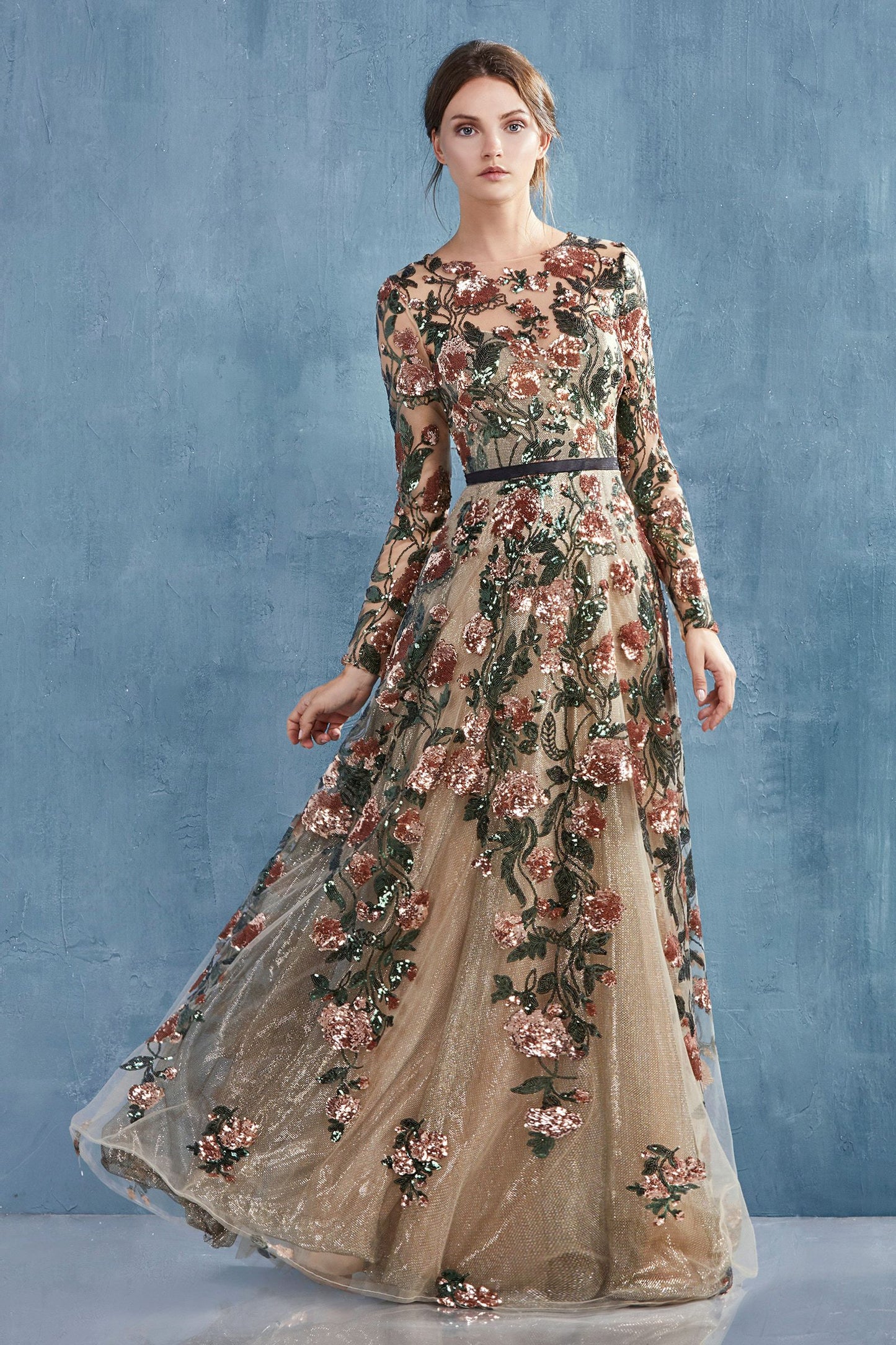 Andrea Leo - Savannah Sequin Flower Detailed Copper Evening Dress Style #A0926