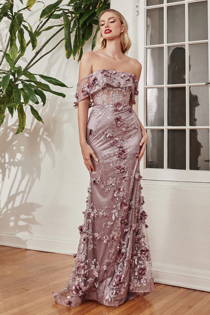 Cinderella Divine 3D FLORAL FITTED OFF SHOULDER GOWN J832