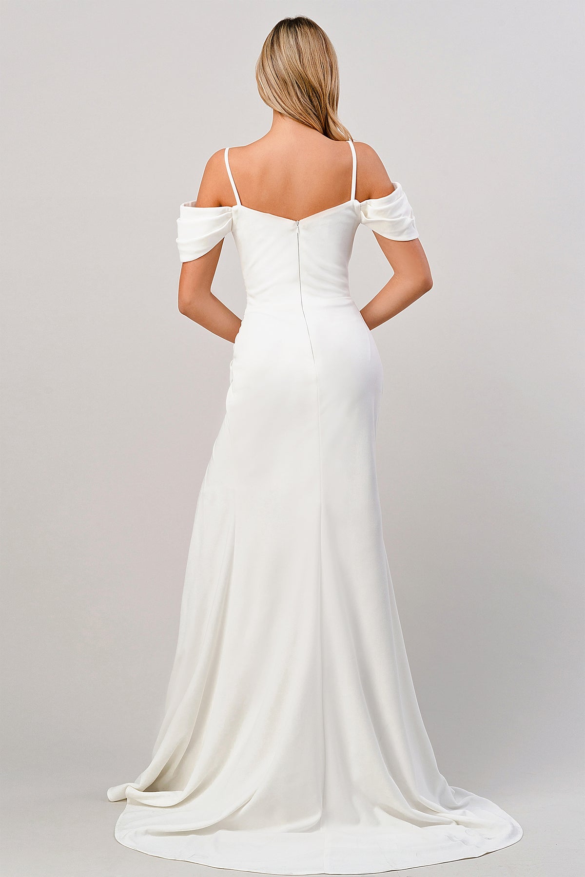 Cinderella Divine - Off the Shoulder Crepe White Fitted Bridal Gown KV1057W