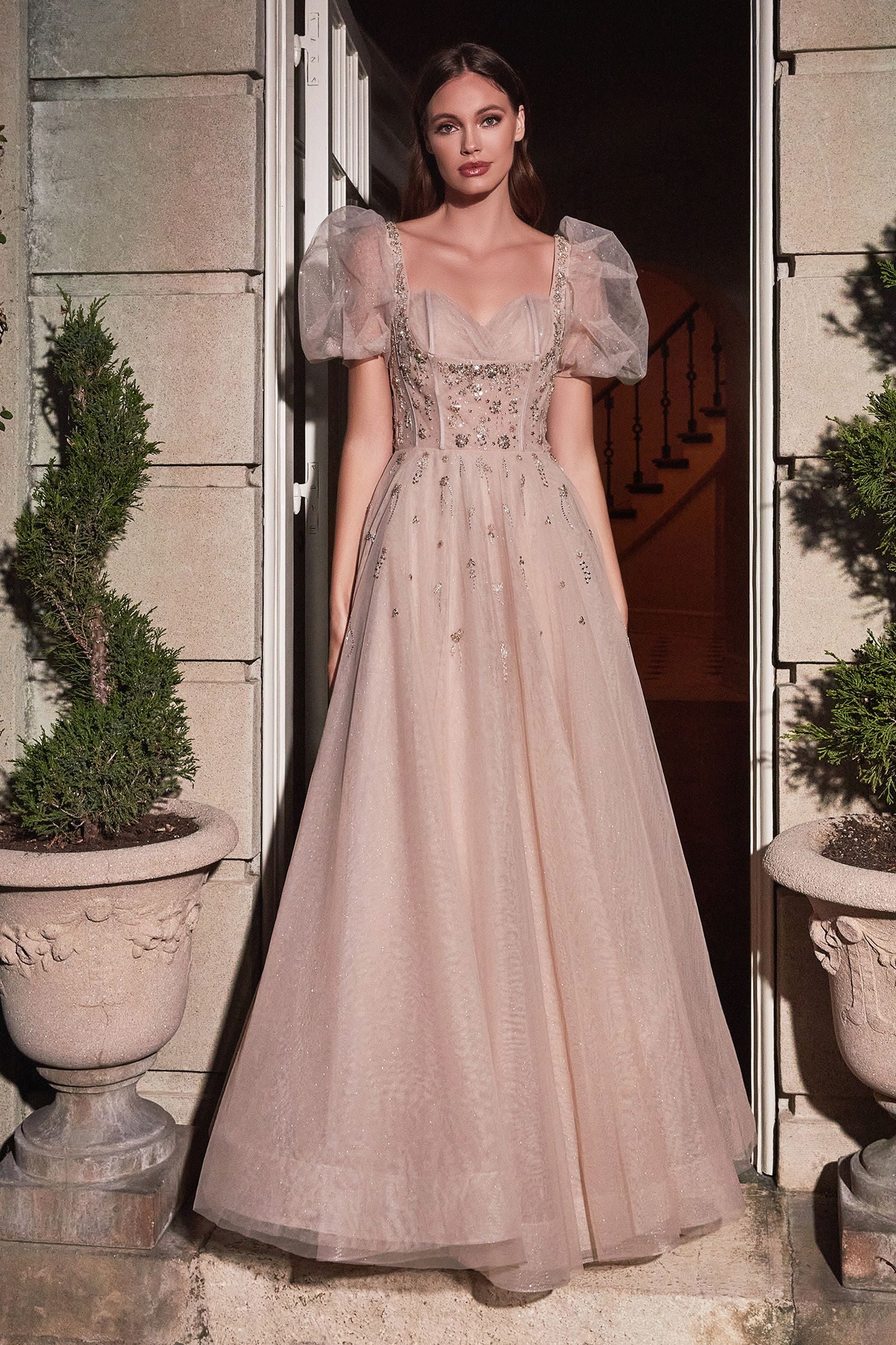 layered tulle dress with sleeves Chaampagne Wedding Dresses Layers Tulle With Detachable Sleeves ZW942