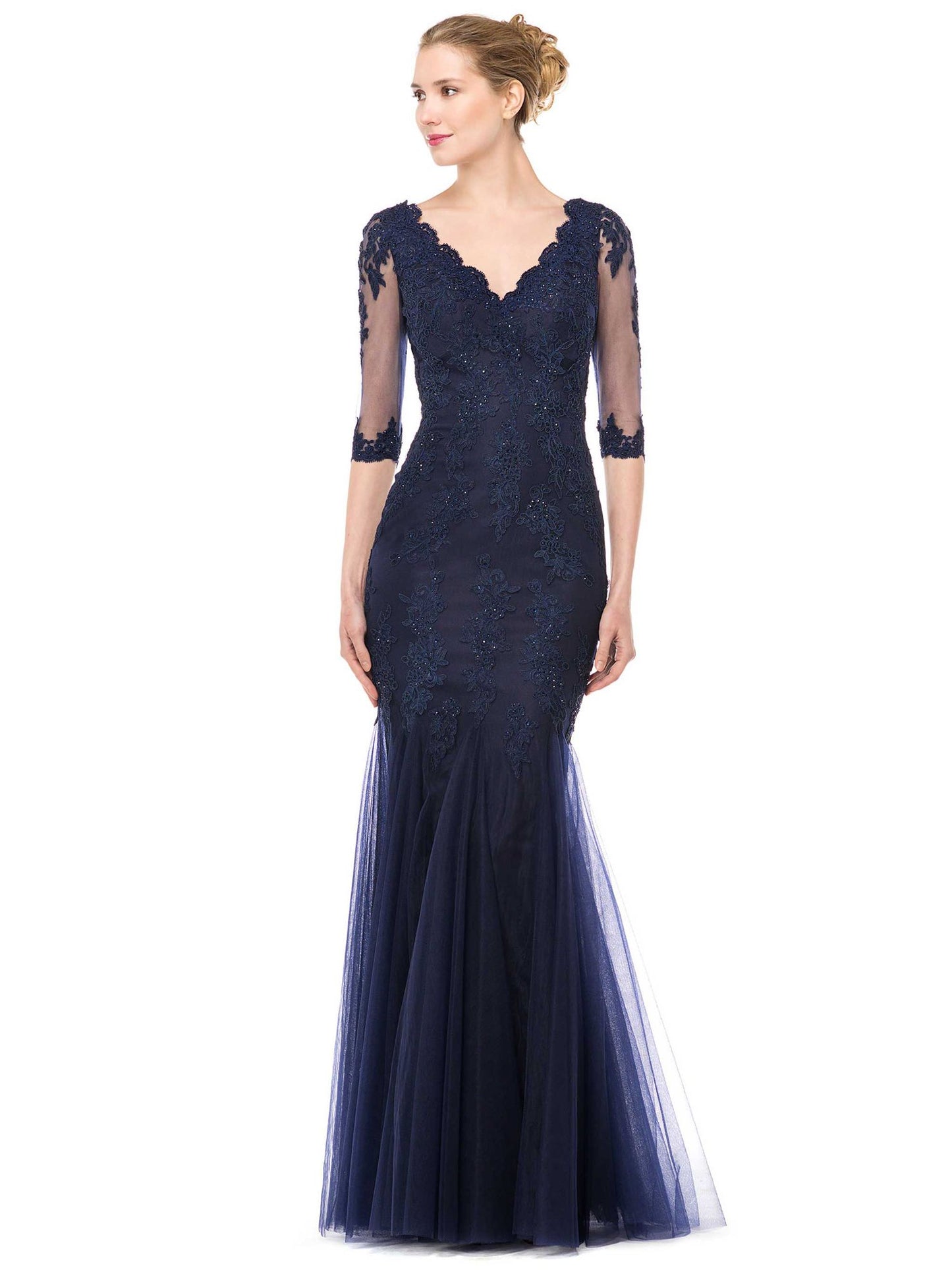 Marsoni by Colors Flower Detailed with Tulle Skirt and Sheer Sleeves Dress M162