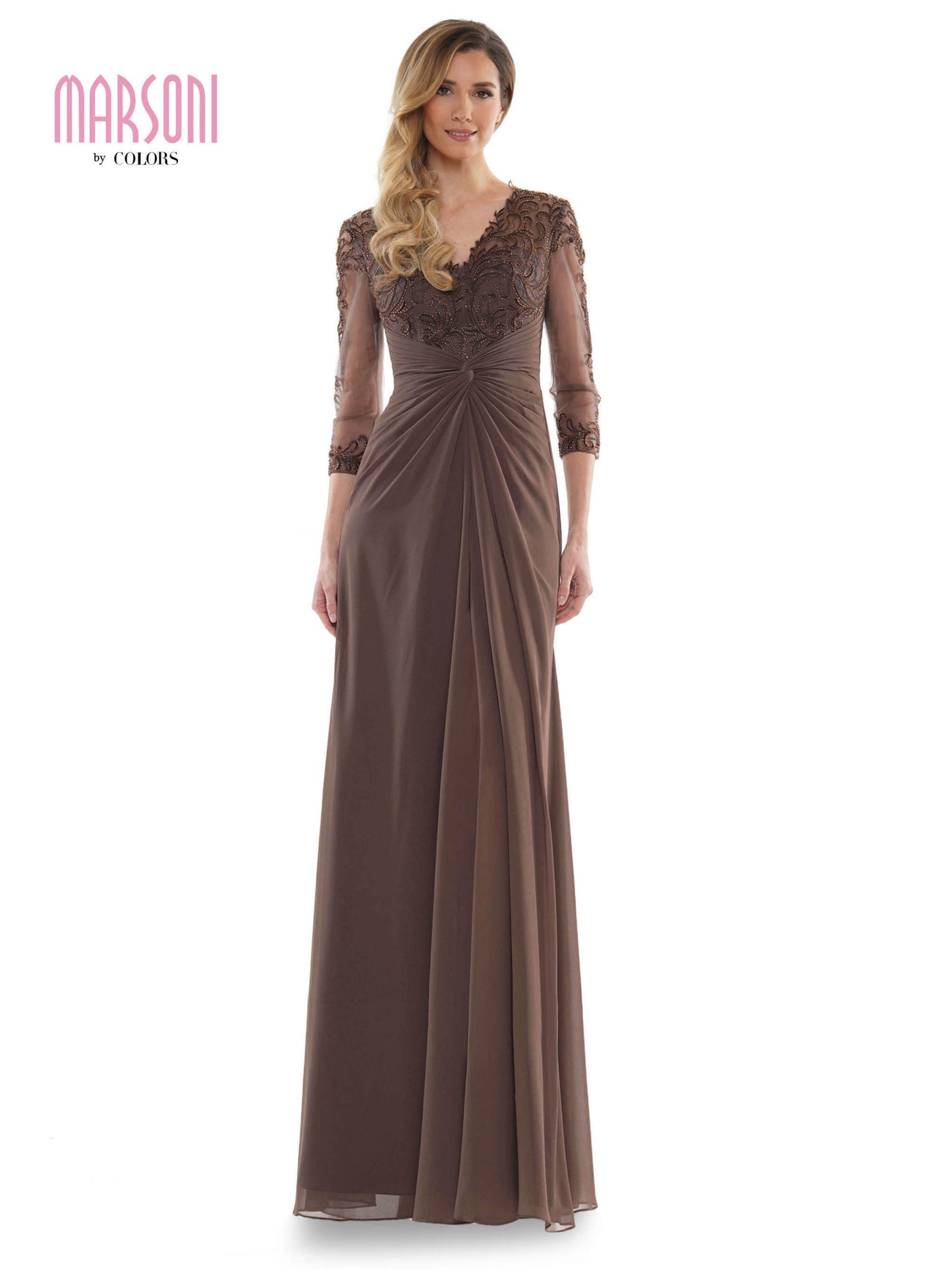 Marsoni By Colors - Sheer Long Sleeves Embroidered Chiffon Evening Gown M261