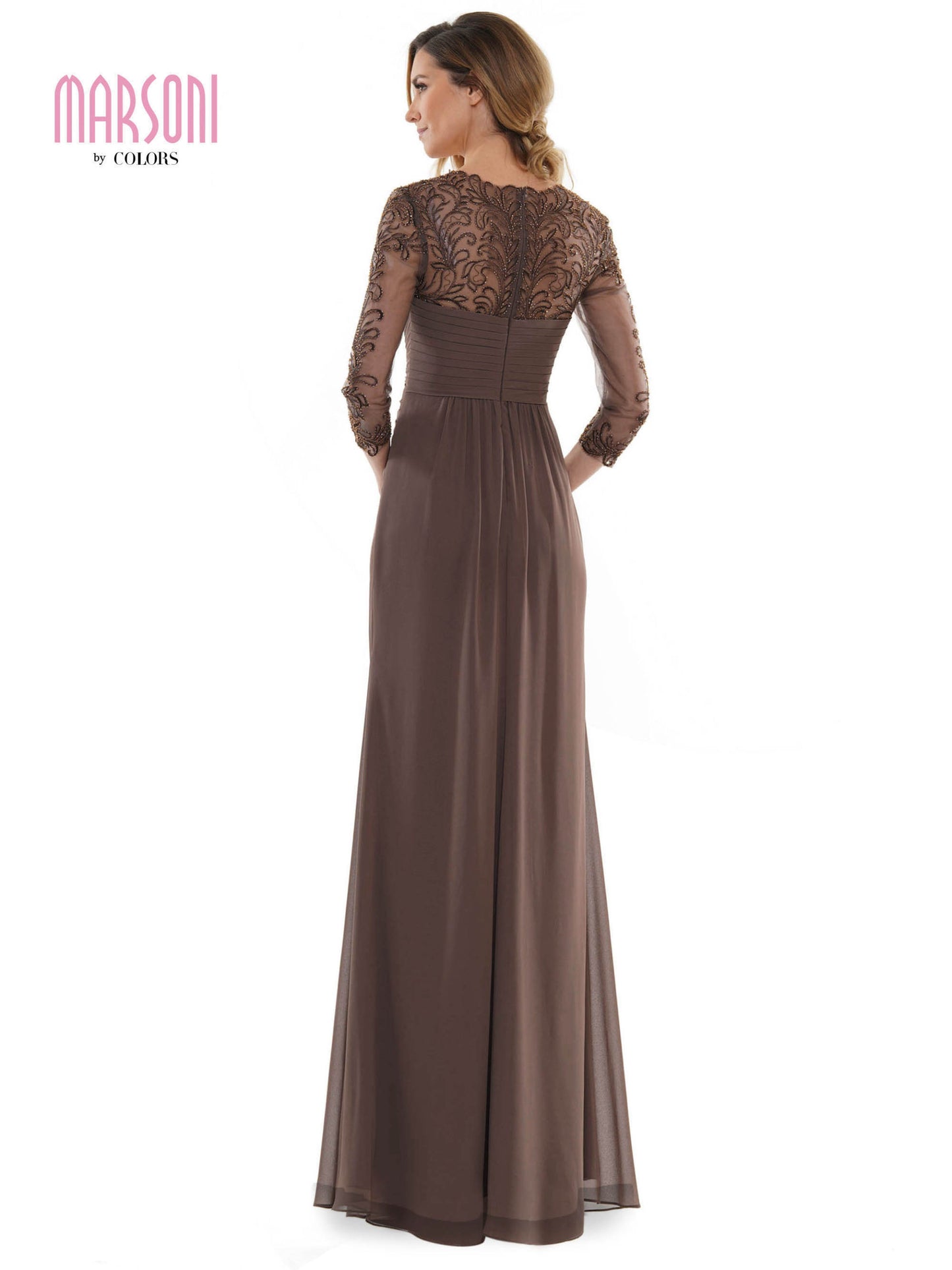 Marsoni By Colors - Sheer Long Sleeves Embroidered Chiffon Evening Gown M261