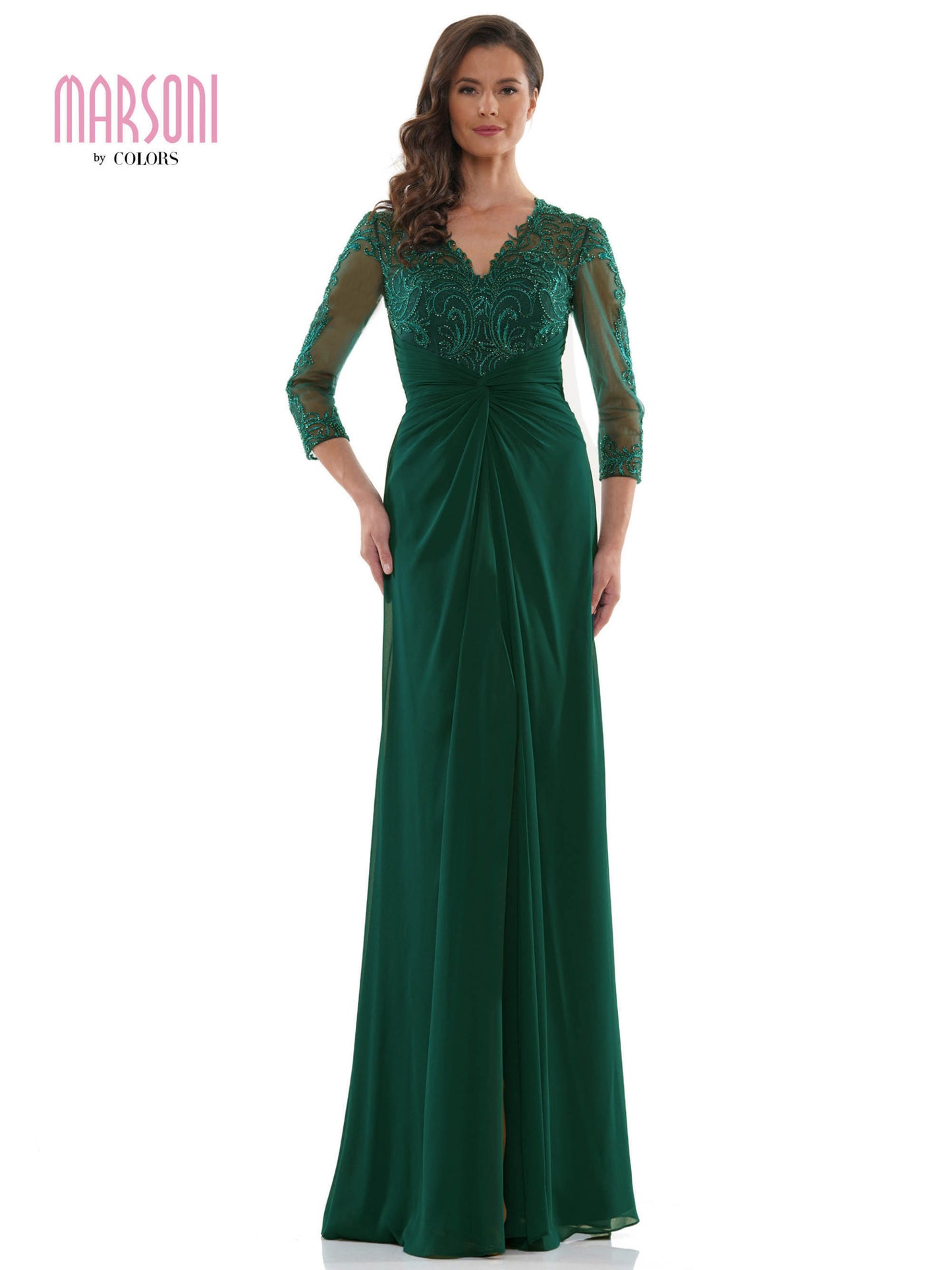 Marsoni By Colors - Sheer Long Sleeves Embroidered Chiffon Evening Gown M261