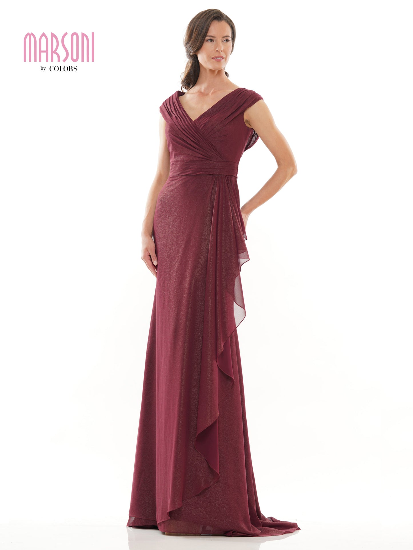 Marsoni by Colors - Ruched V Neck Foil Chiffon Column Long Formal Gown MV1073