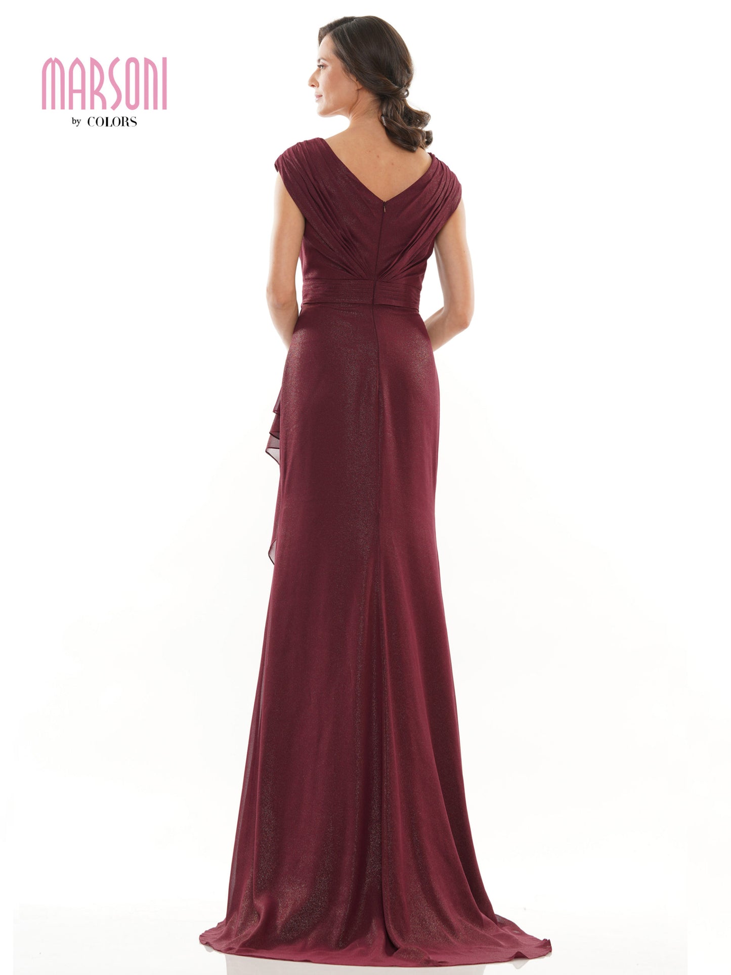Marsoni by Colors - Ruched V Neck Foil Chiffon Column Long Formal Gown MV1073