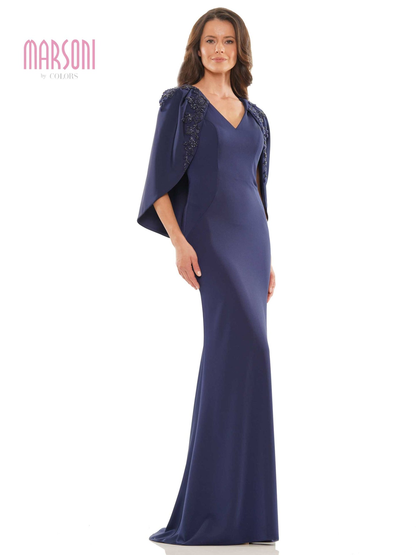 Marsoni by Colors Cape Sleeve Beaded Trumpet Feminine look fit Gown MV1132