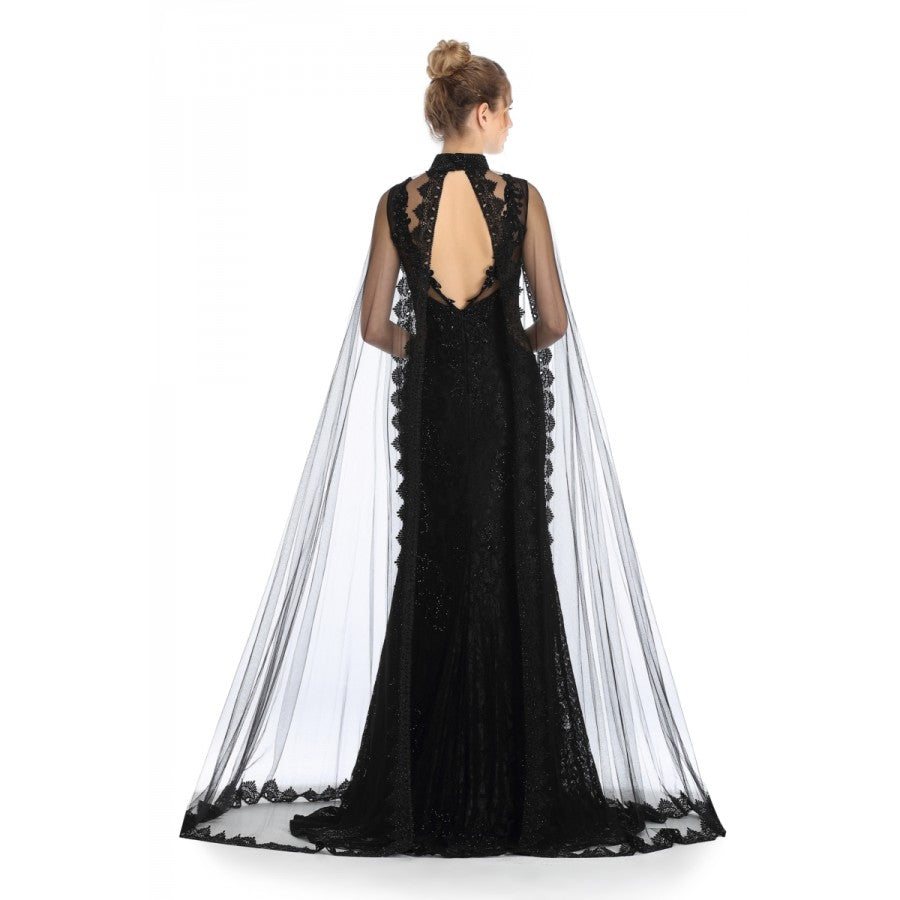 Romance Caped High Neck Detailed Gown -RD1713