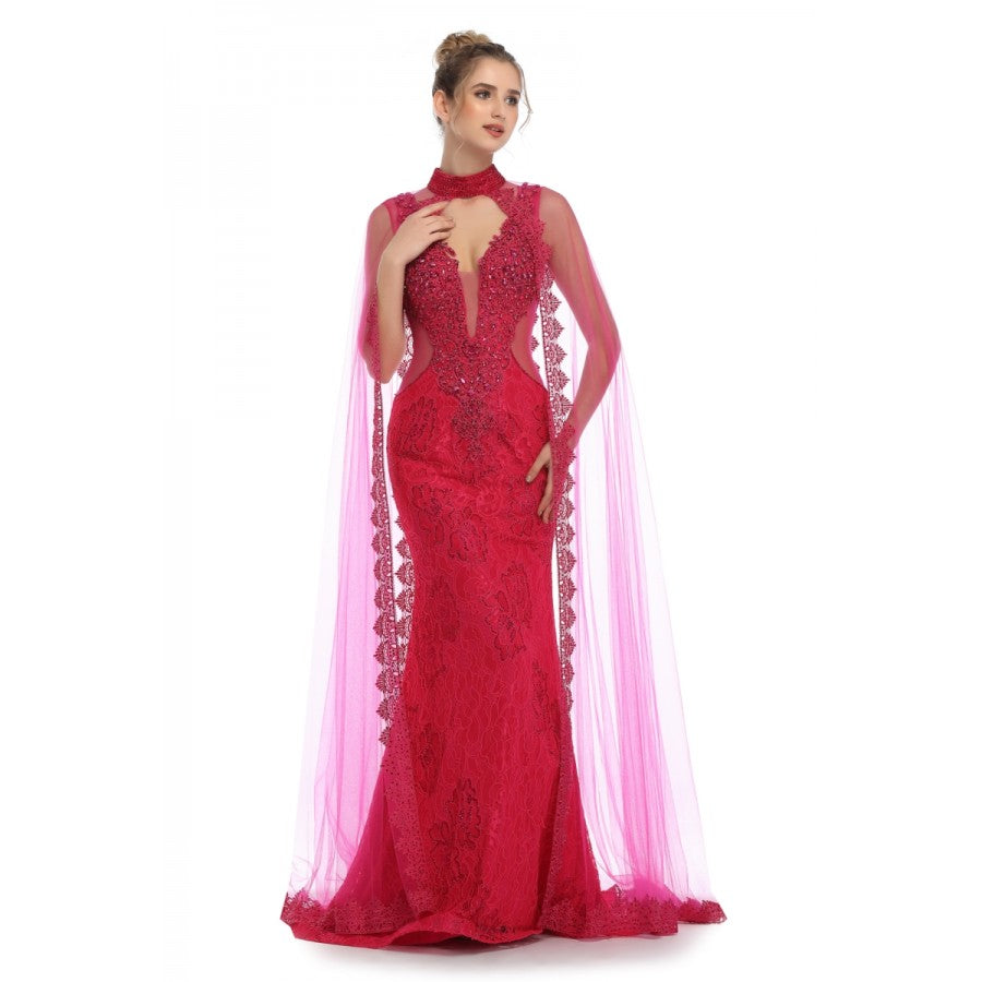 Romance Caped High Neck Detailed Gown -RD1713