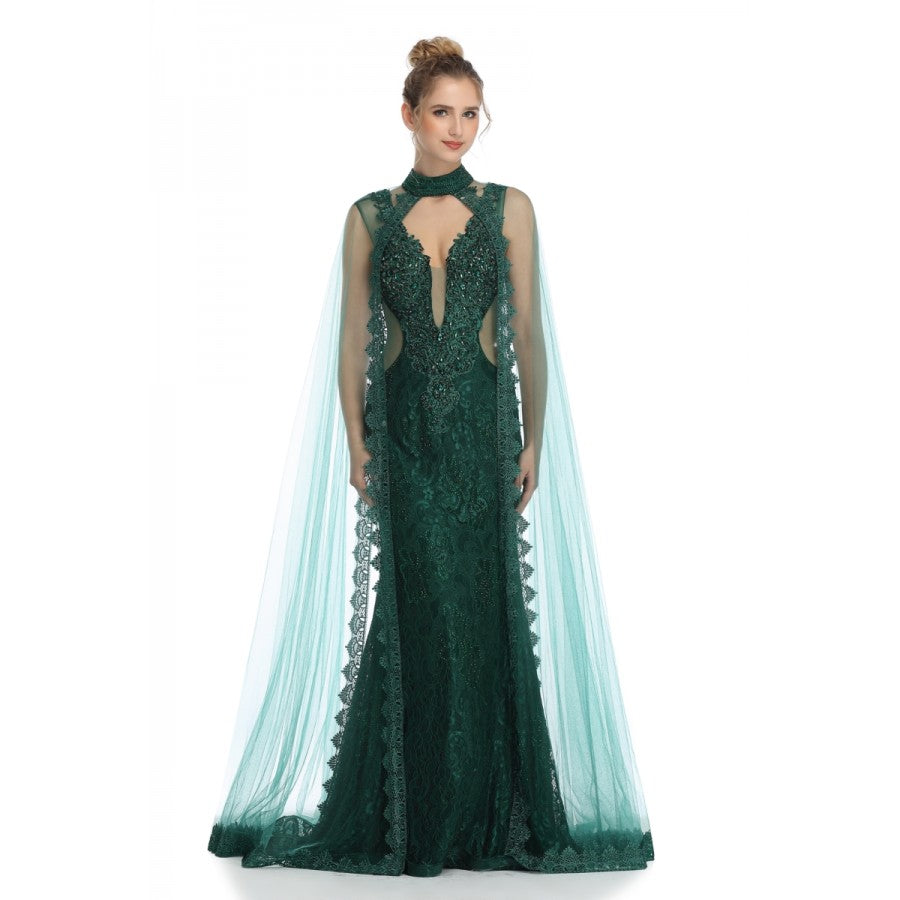 Romance Caped High Neck Detailed Gown -RD1713