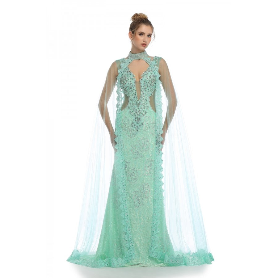 Romance Caped High Neck Detailed Gown -RD1713