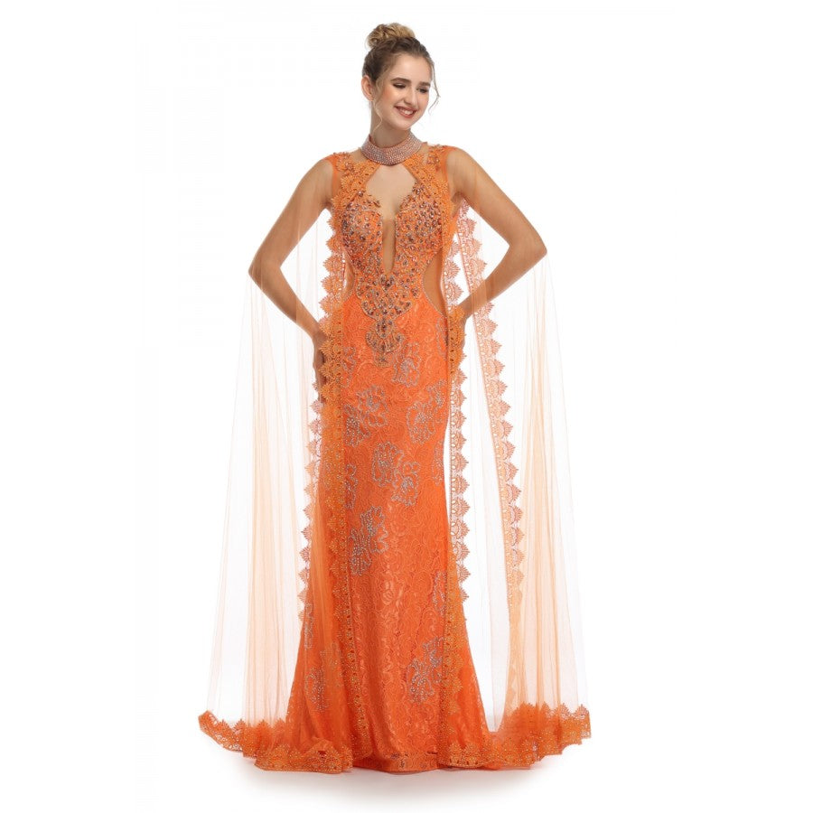 Romance Caped High Neck Detailed Gown -RD1713