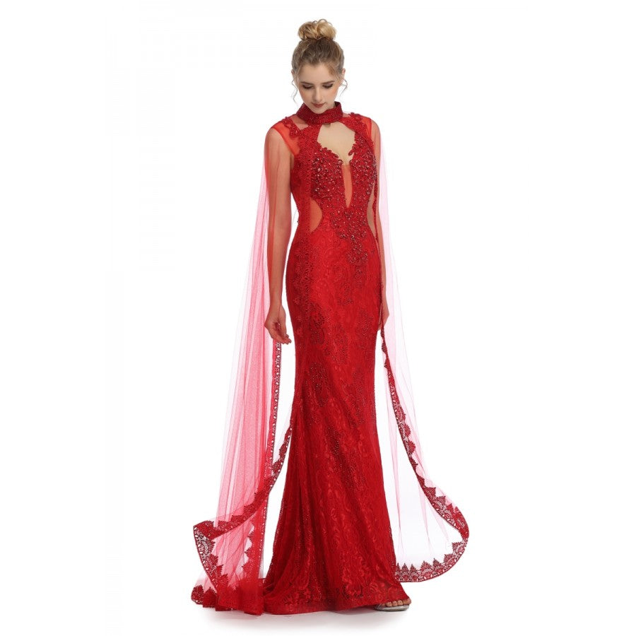 Romance Caped High Neck Detailed Gown -RD1713