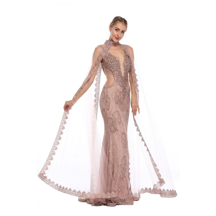 Romance Caped High Neck Detailed Gown -RD1713