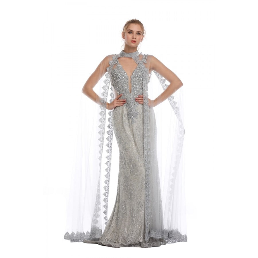 Romance Caped High Neck Detailed Gown -RD1713