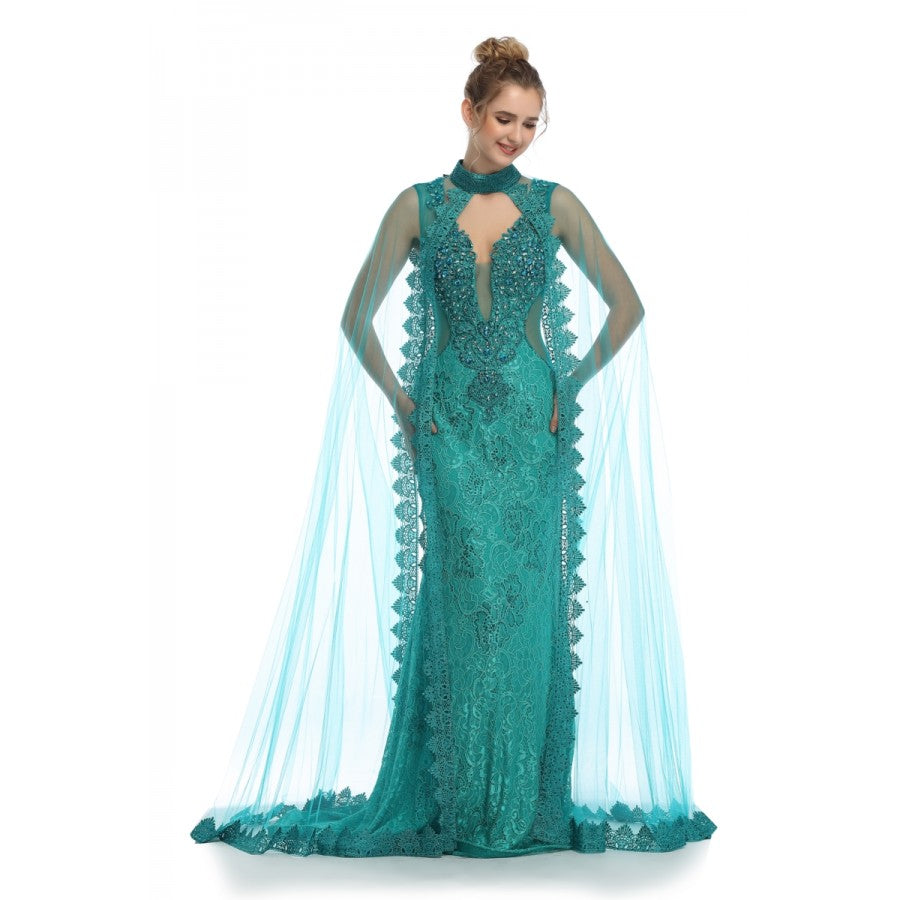 Romance Caped High Neck Detailed Gown -RD1713
