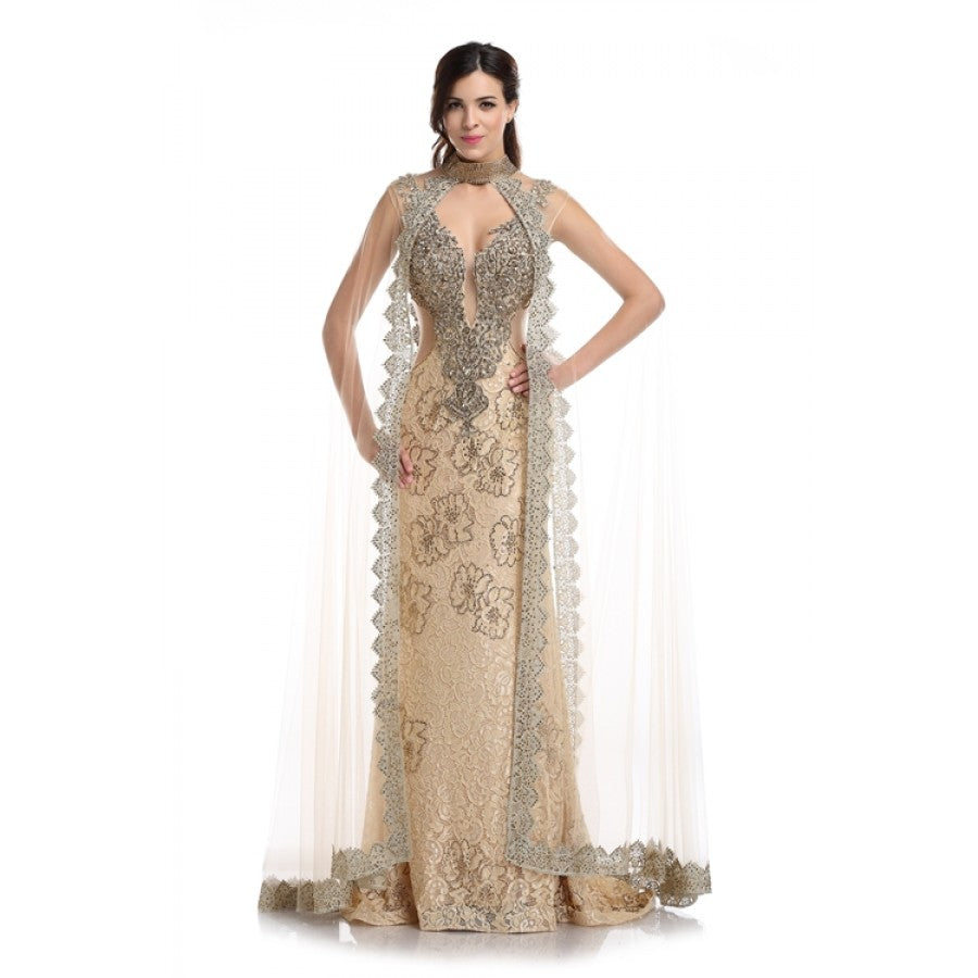 Romance Caped High Neck Detailed Gown -RD1713