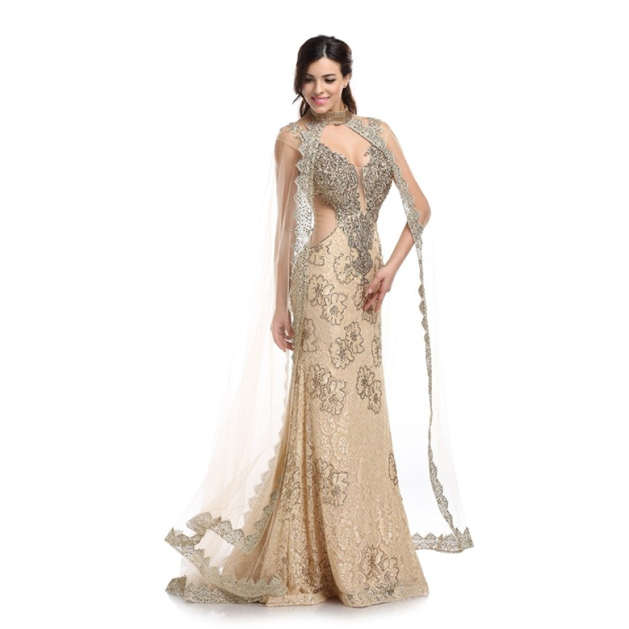 Romance Caped High Neck Detailed Gown -RD1713