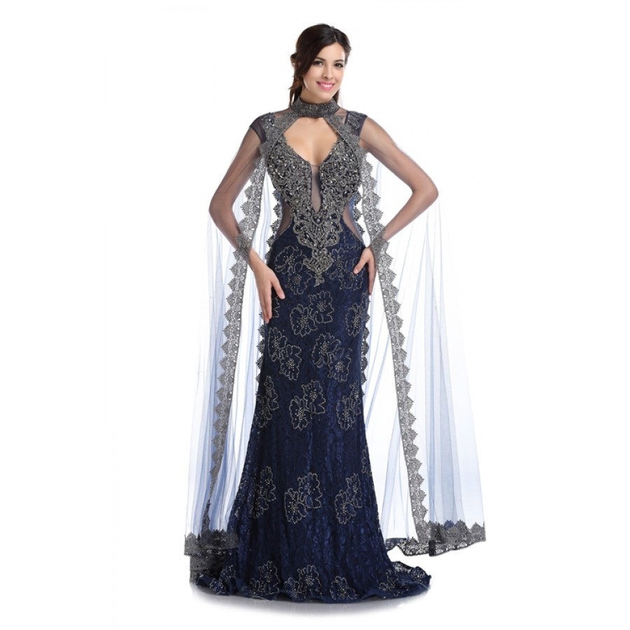 Romance Caped High Neck Detailed Gown -RD1713
