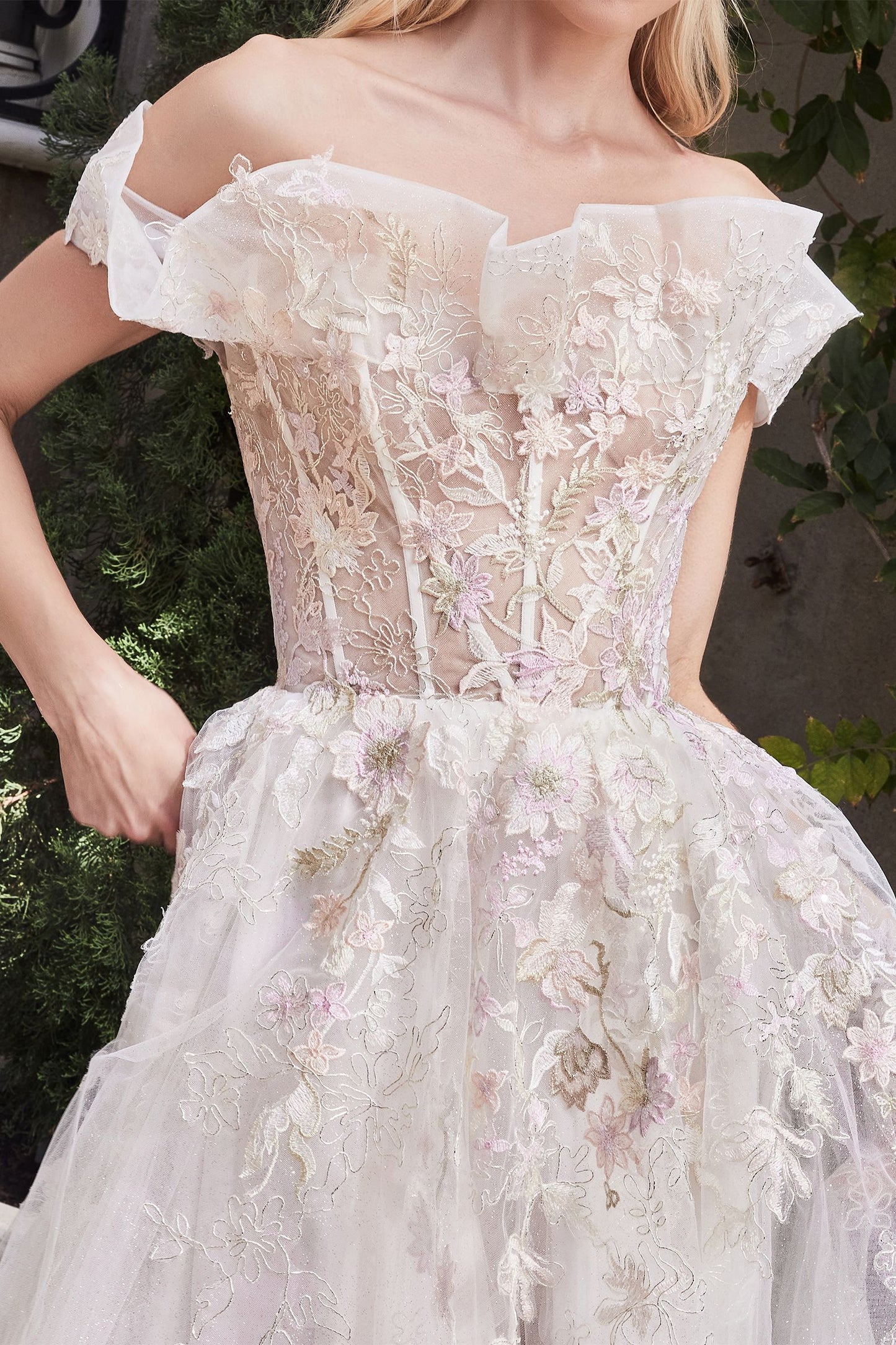 Andrea Leo - Elois White with Flower Detailed Garden Evening Dress Style #A1090