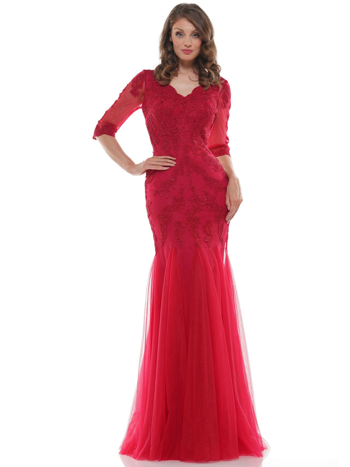 Marsoni by Colors Flower Detailed with Tulle Skirt and Sheer Sleeves Dress M162