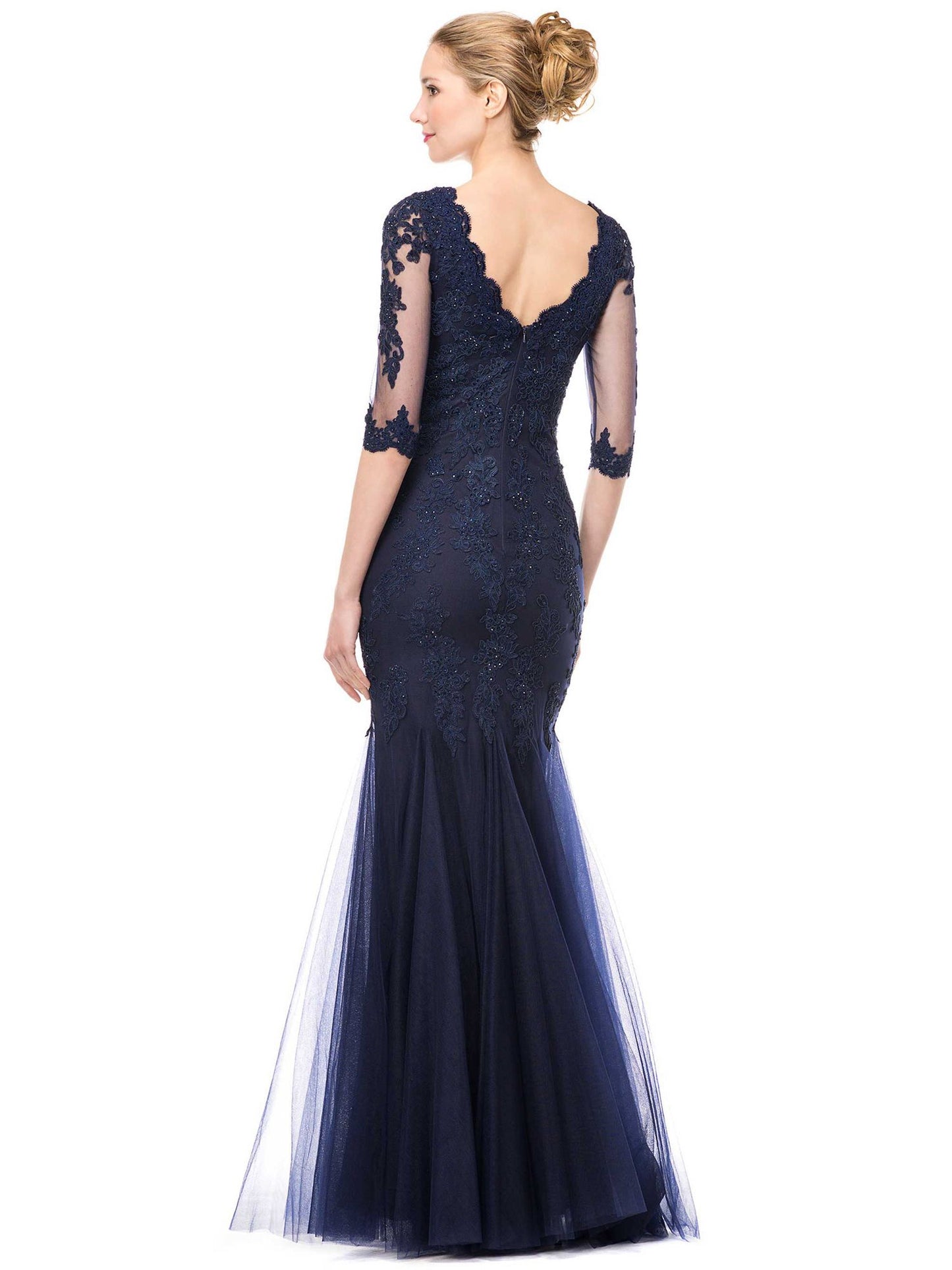 Marsoni by Colors Flower Detailed with Tulle Skirt and Sheer Sleeves Dress M162