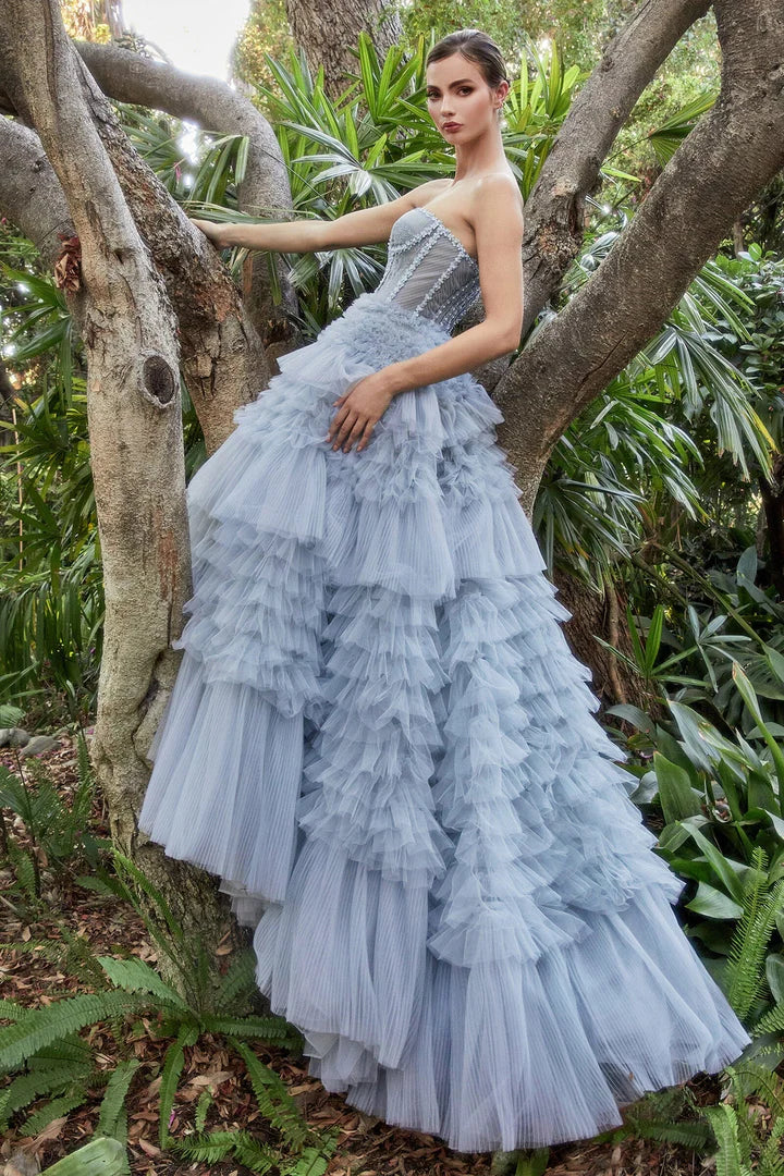 Andrea Leo Ruffled long strapless tulle dress with A-line tiered skirt A1017