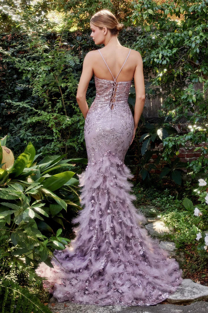 Andrea Leo Glitter Print Feather Mermaid Gown A1116