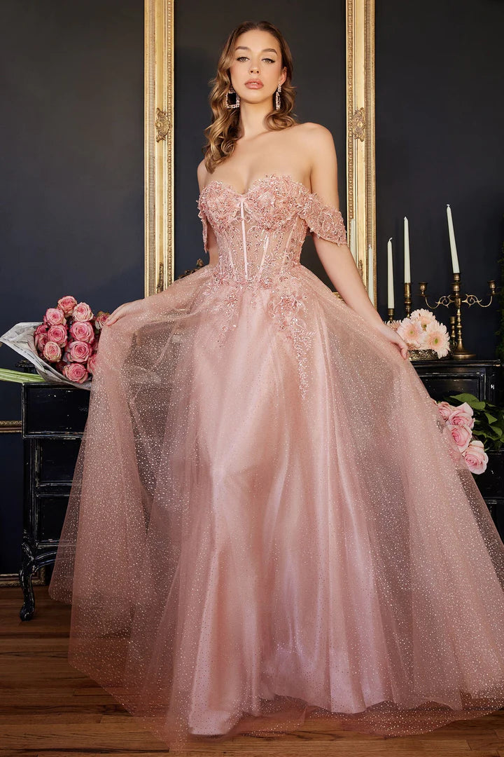 Cinderella Divine APPLIQUE OFF SHOULDER TULLE GOWN CD0198