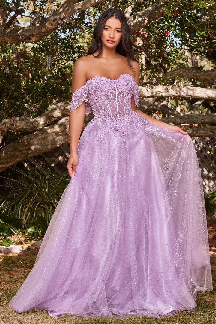 Cinderella Divine APPLIQUE OFF SHOULDER TULLE GOWN CD0198