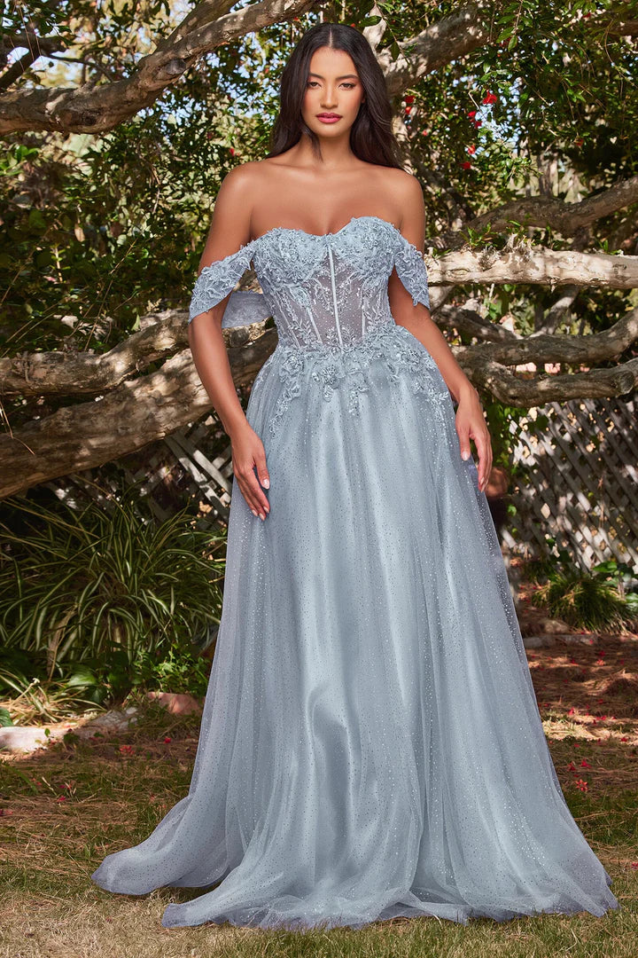 Cinderella Divine APPLIQUE OFF SHOULDER TULLE GOWN CD0198