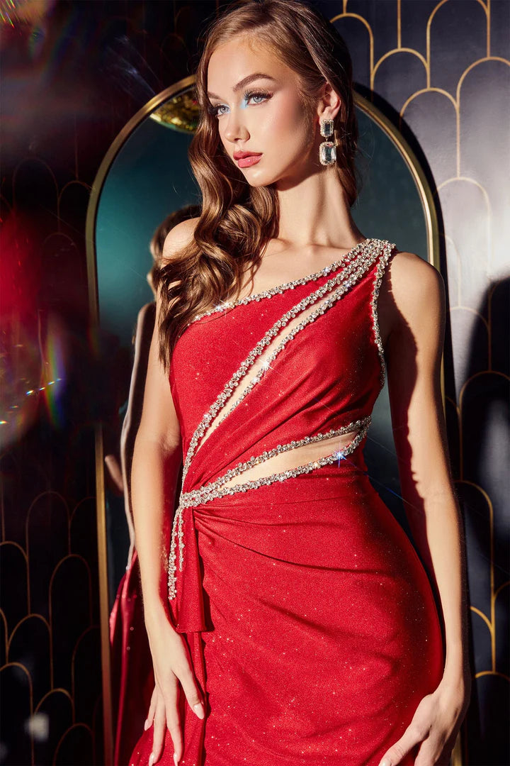 Cinderella Divine BEADED ONE SHOULDER SLIT GOWN CDS427
