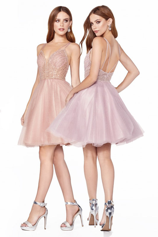 Cinderella Divine - A-line short dress with embellished bodice and layered tulle glitter skirt #CD0148
