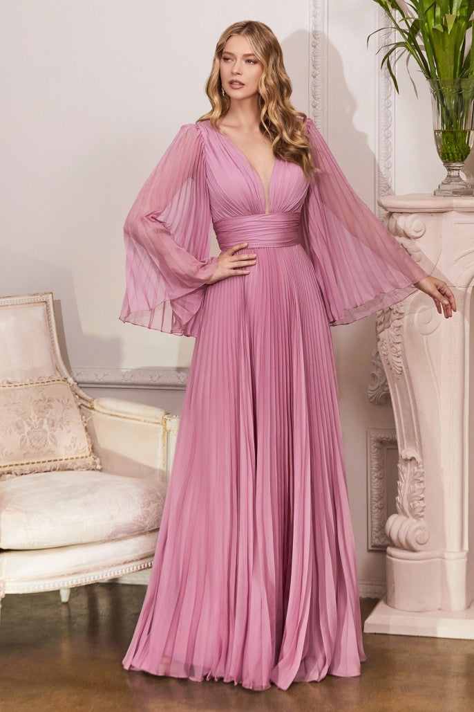 Cinderella Divine Pleated Chiffon Long Sleeve Gown Style #CD242