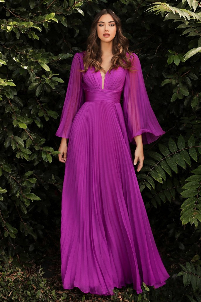 Cinderella Divine Pleated Chiffon Long Sleeve Gown Style #CD242