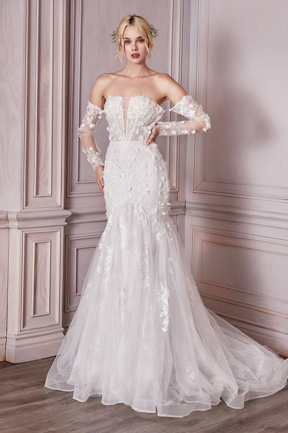Cinderella Divine - Long Sleeve Off the Shoulder White Lace Bridal Gown CD977W