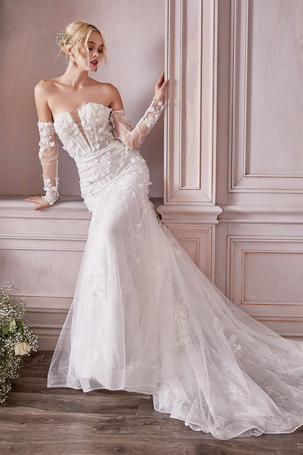 Cinderella Divine - Long Sleeve Off the Shoulder White Lace Bridal Gown CD977W Cinderella Divine - Long Sleeve Off the Shoulder White Lace Bridal Gown CD977W