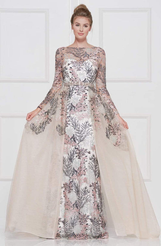 Colors Lace Sheath Long Sleeve Gown with Overskirt 1830SL
