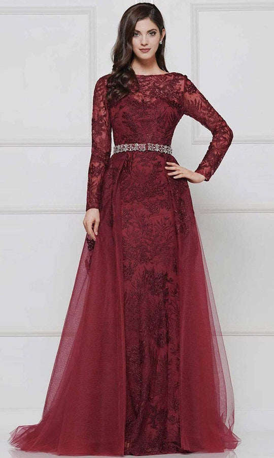 Colors Lace Sheath Long Sleeve Gown with Overskirt 1830Sl Burgundy / 2 Colors Lace Sheath Long Sleeve Gown with Overskirt 1830Sl Burgundy / 2