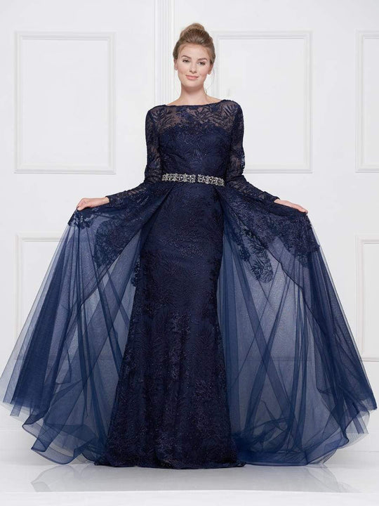 Colors Lace Sheath Long Sleeve Gown with Overskirt 1830SL
