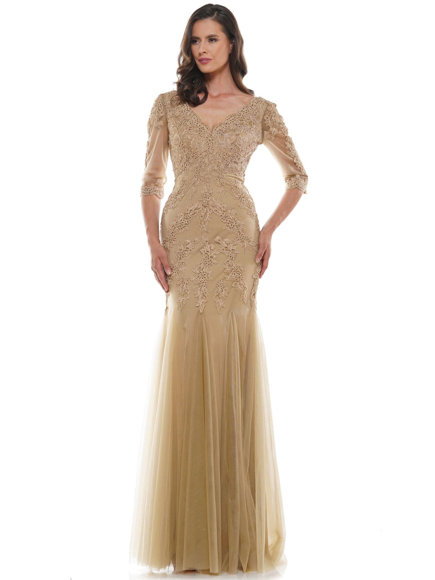 Marsoni by Colors Flower Detailed with Tulle Skirt and Sheer Sleeves Dress M162