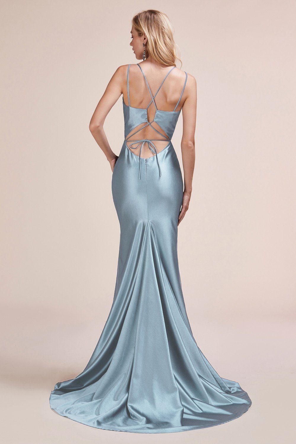 Andrea Leo Fitted Long Satin Mermaid Dress with Lace Up Back A0632